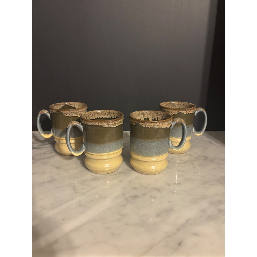 Vintage Set of 4 Studio Pottery Mugs Made in England Drip Glaze Stoneware Brown